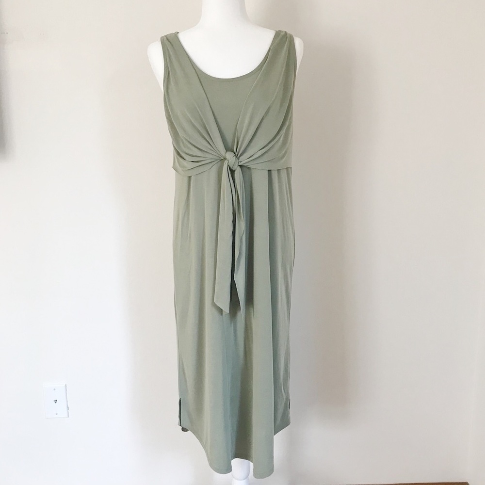 Long Midi Olive Green Front Tie Sleeveless Dress